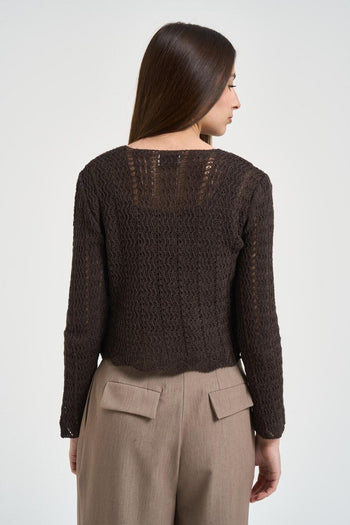 Cardigan donna in maglia traforata marrone - 3