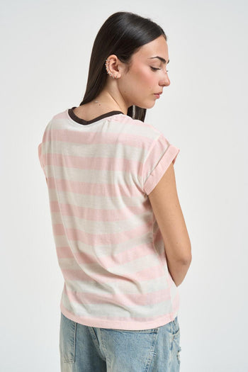 T-shirt donna a righe bianca e rosa - 3