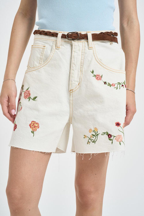 Bermuda donna con ricami in denim panna