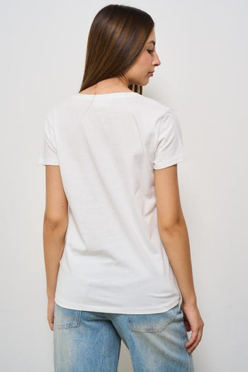 T-shirt donna girocollo bianca con ricamo rosso - 3