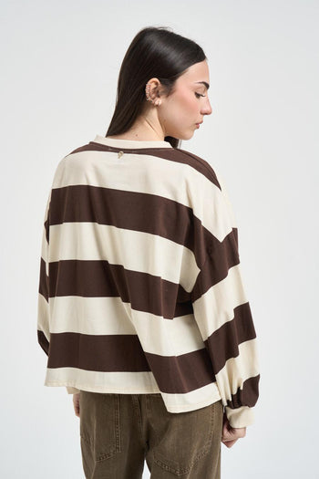 Maglia donna a righe marrone e panna - 3