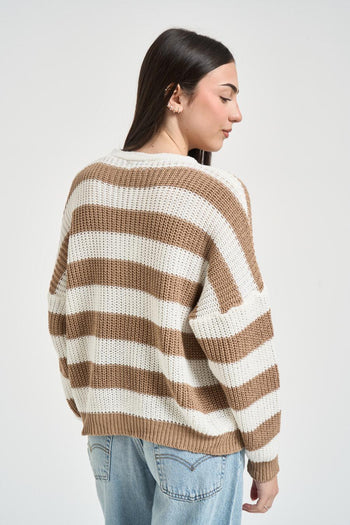 Cardigan donna a righe bianche e beige - 3
