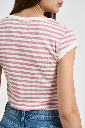 T-shirt donna a righe rosa e bianca - 4