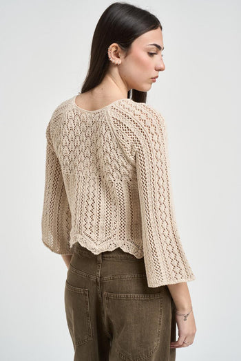 Maglia donna corta traforata beige - 3