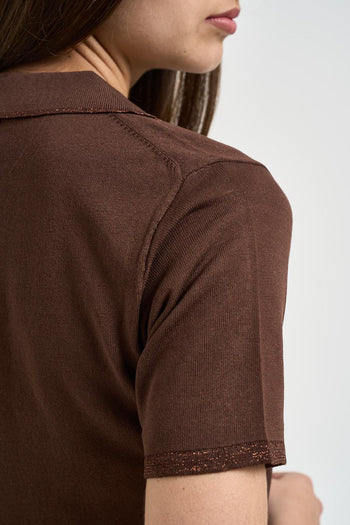 Polo donna scollo a V marrone - 5