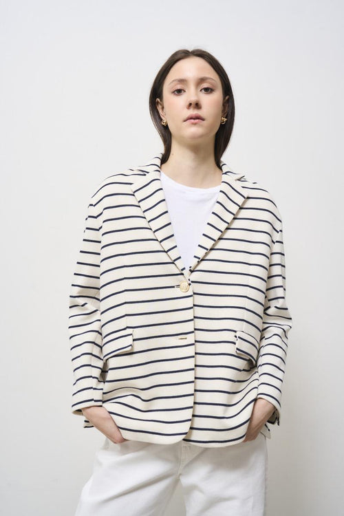 Giacca donna monopetto a righe bianca e blu