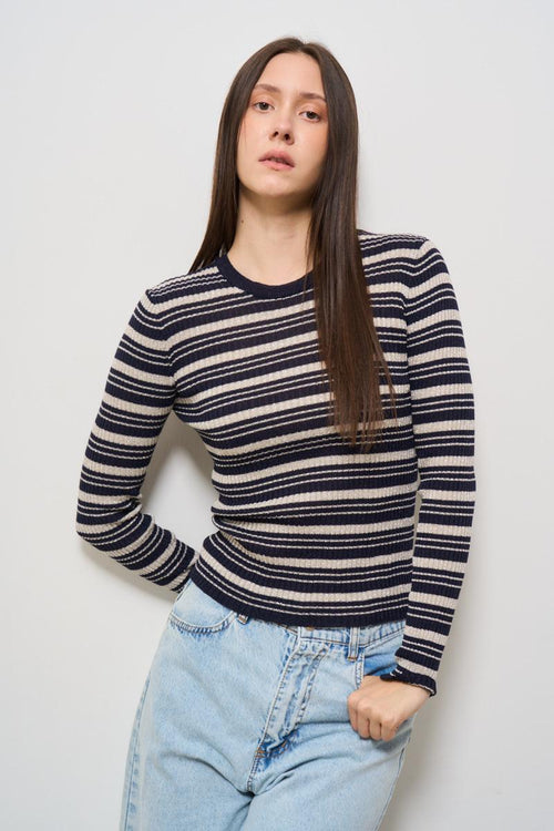 T-shirt donna girocollo a righe blu