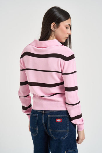 Polo donna a righe rosa e marrone - 3