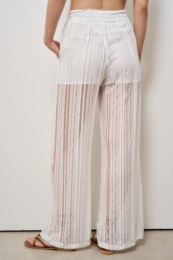 Pantalone donna semitrasparente a righe ricamato bianco - 4