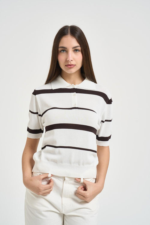 Polo donna a righe bianca e marrone