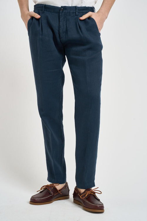 Pantalone uomo con pinces in lino blu