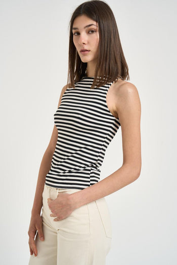 Top donna smanicato a righe nere e panna - 4