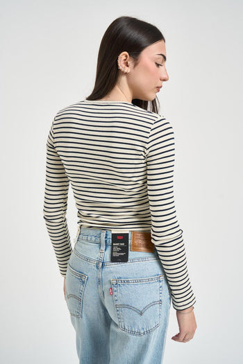 Maglia donna a righe blu e panna - 4