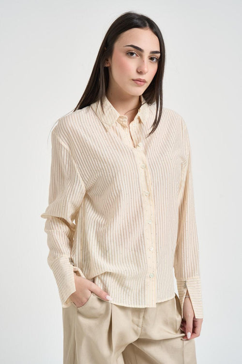 Camicia donna a righe giallo pastello con strass