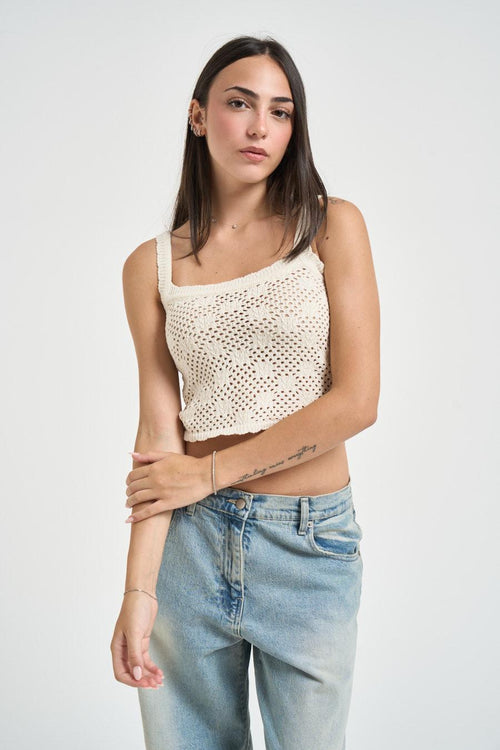 Top donna in maglia traforata panna - 2