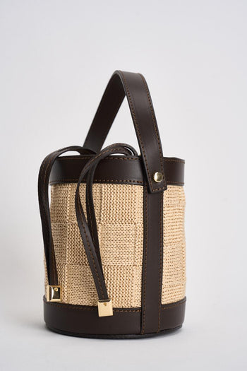 Borsa donna secchiello beige e marrone in rafia - 3