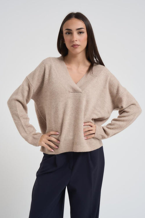 Maglia over donna scollo a V beige - 1