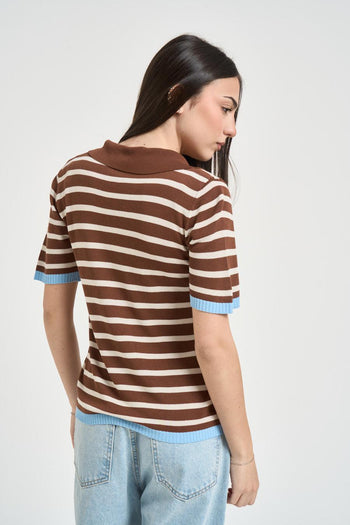 Polo donna a righe marrone e panna - 3