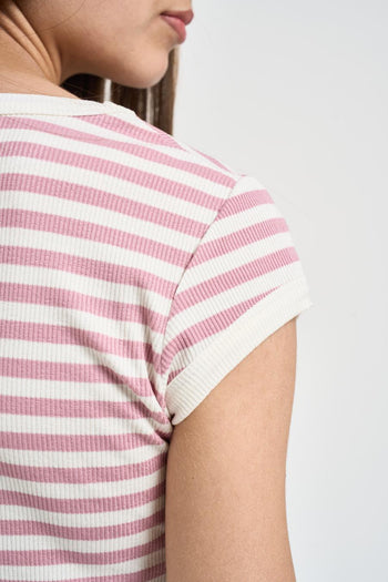 T-shirt donna a righe rosa e bianca - 5