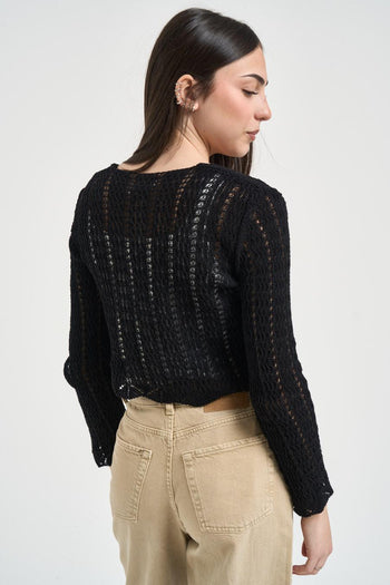 Cardigan donna in maglia traforata nero - 3