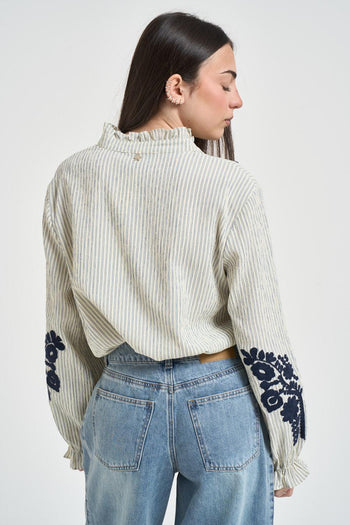 Camicia donna a righe con ricami blu - 3