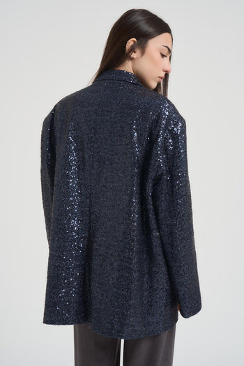 Giacca donna monoipetto con paillettes blu - 5