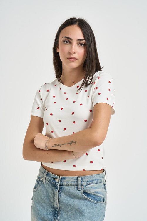T-shirt donna con stampa fragole bianca - 1