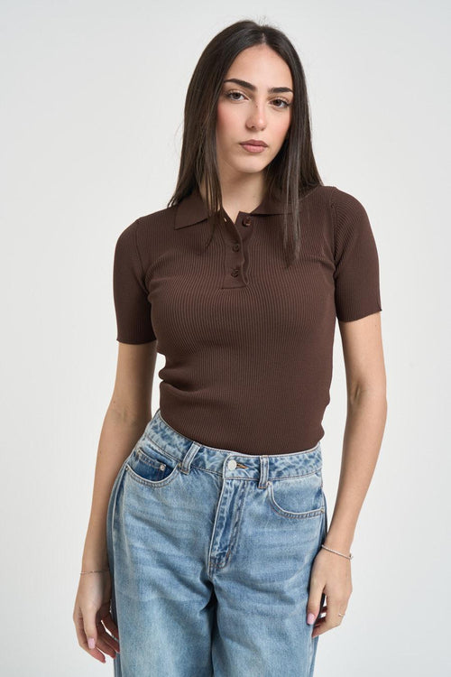 T-shirt donna marrone a costine