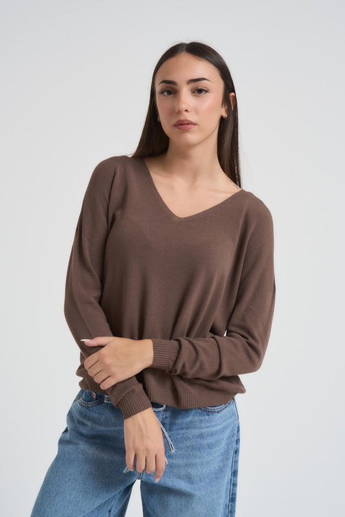 Maglia donna con scollo a V tortora