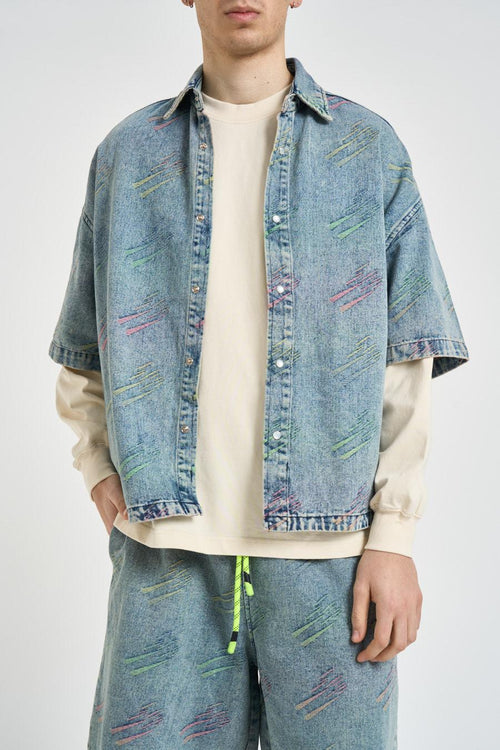 Camicia uomo in denim lavato con stampa all over - 2