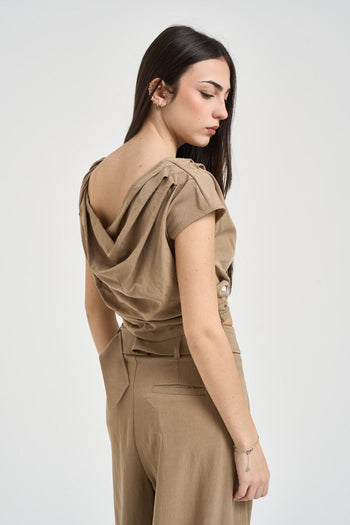 Top donna drappeggiato cropped sabbia - 4
