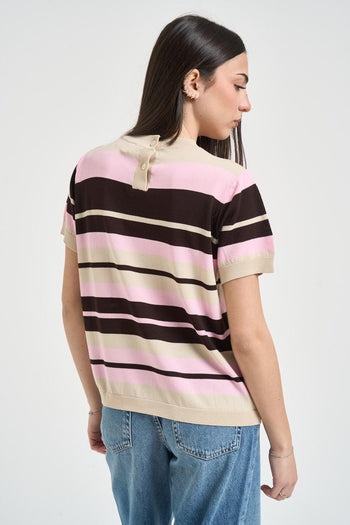 Maglia donna girocollo righe rosa e marrone - 3