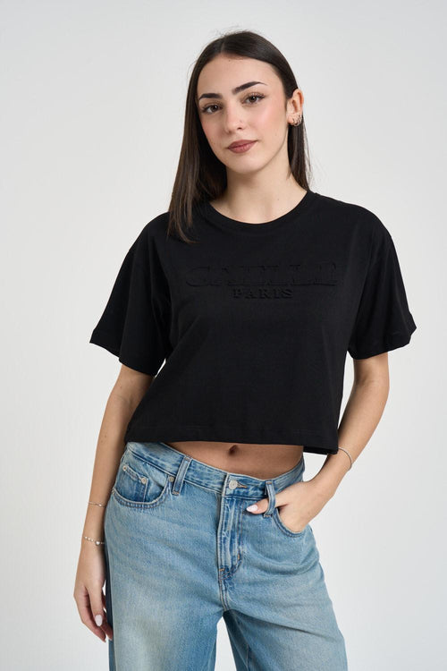 T-shirt donna cropped girocollo nera