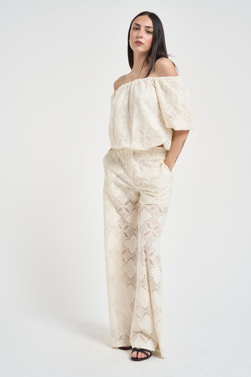 Set coordinato top e pantalone in pizzo panna - 2