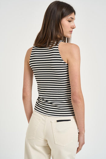 Top donna smanicato a righe nere e panna - 5