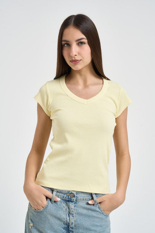 T-shirt donna gialla a costine
