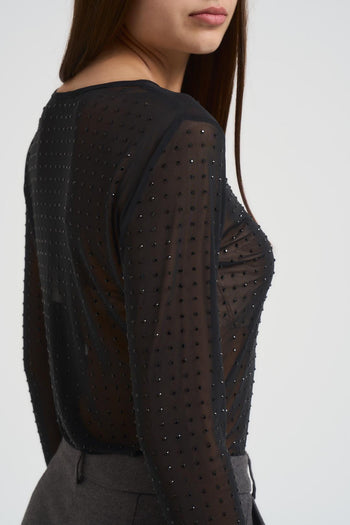 Top donna semitrasparente con strass nero - 4
