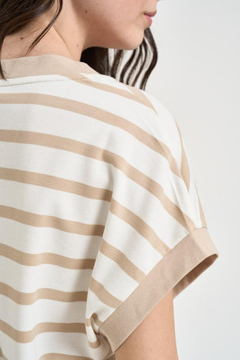 T-shirt donna a righe bianca e beige - 5