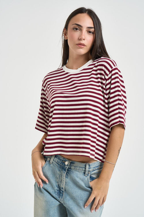 T-shirt donna a righe bordeaux e panna - 1