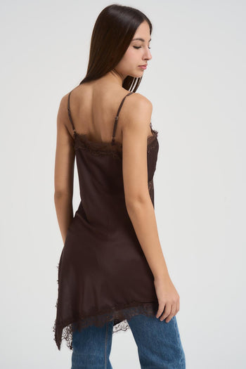 Abito donna asimmetrico in pizzo marrone - 4