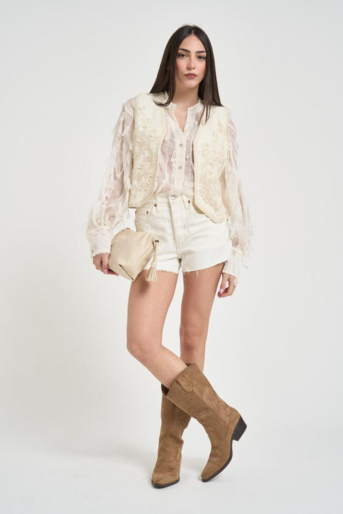 Gilet donna in cotone panna con ricami a contrasto