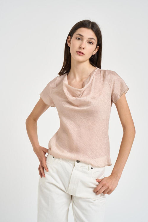 T-shirt donna con collo sblusato rosa cipria - 1