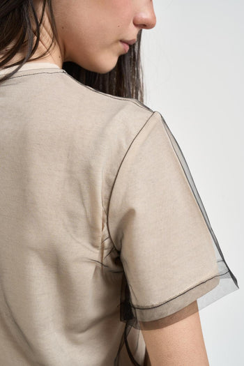 T-shirt donna sovrapposizione in tulle beige - 4