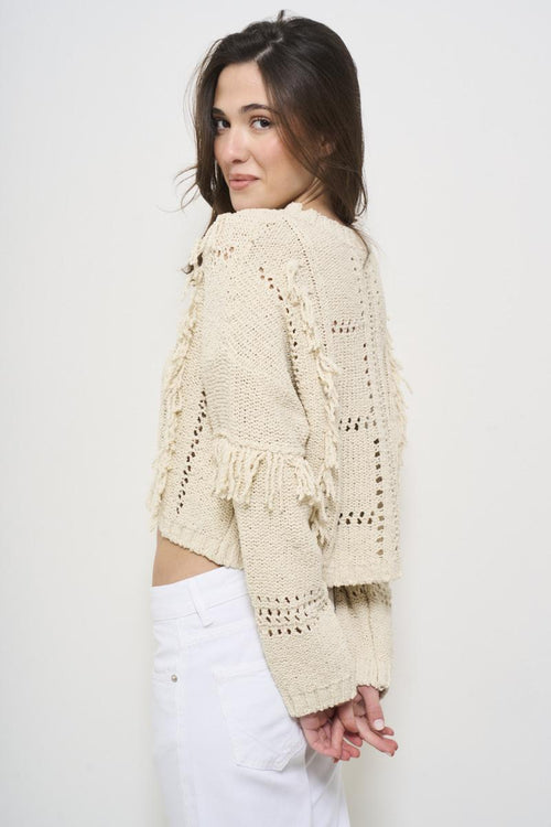 Women's cream perforated crew neck sweater - 2