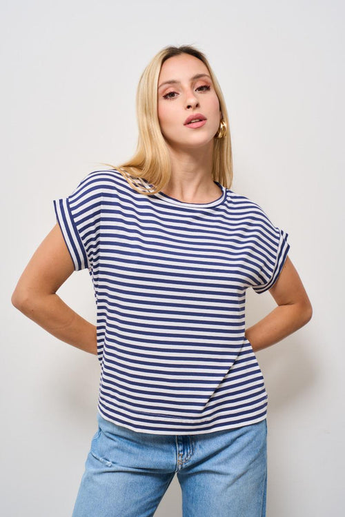 T-shirt donna girocollo a righe blu