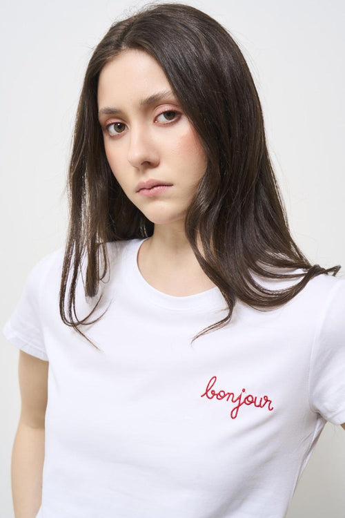 White women's t-shirt written "bonjour" - 2