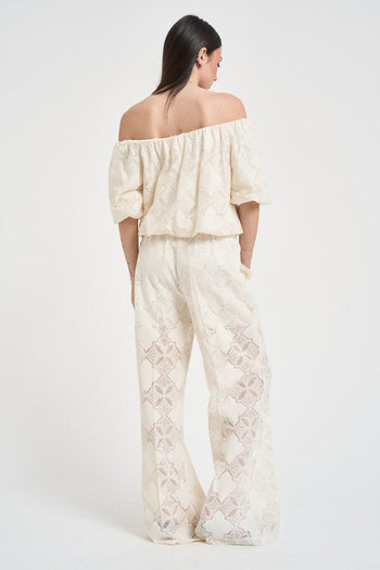 Set coordinato top e pantalone in pizzo panna - 7
