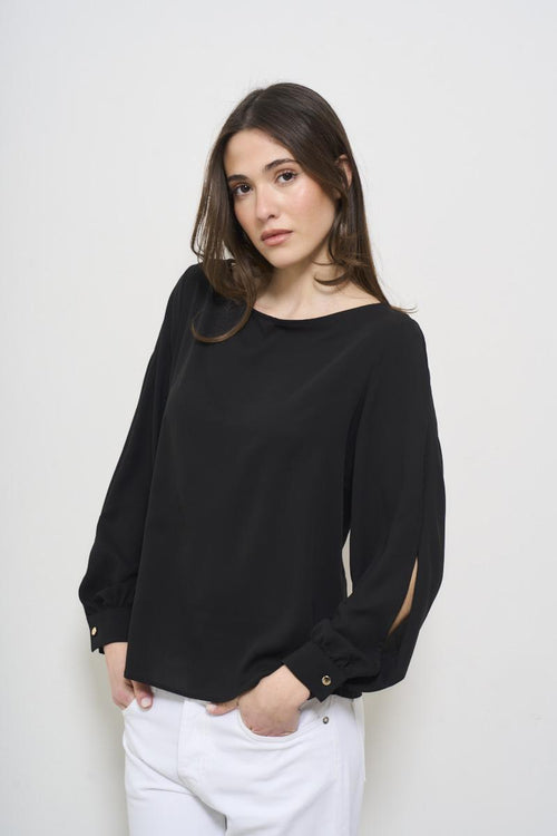 Women's black cut-out crew neck blouse