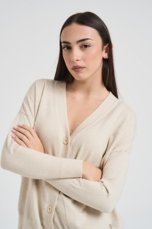 Cardigan donna con scollo a V panna - 2