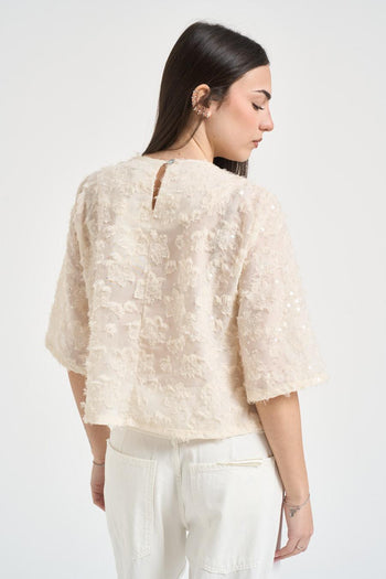 Blusa donna cropped panna con fiori - 3